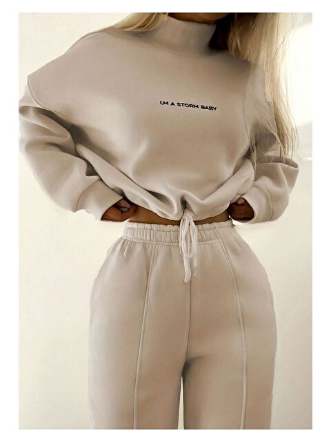 Trendseninle Kadın Bej Storm Baby Baskılı Alt Üst Eşofman Takımı - S000143628-29737