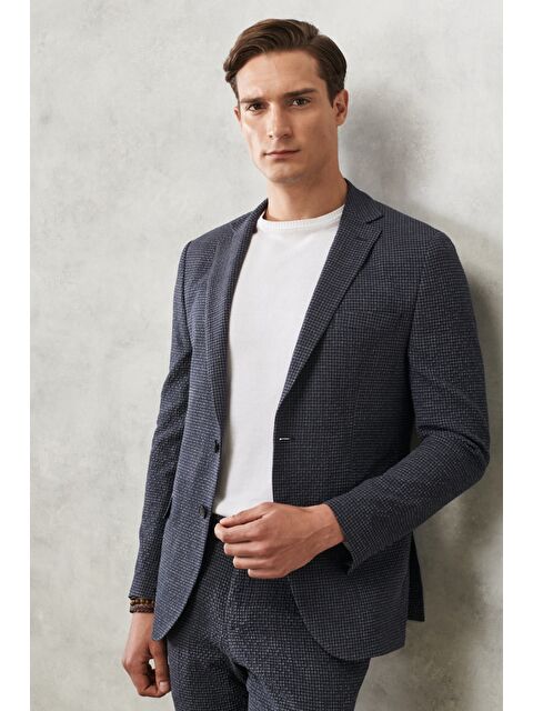 Altınyıldız Classics Erkek Antrasit-Lacivert Slim Fit Dar Kesim Mono Yaka Kareli Klasik Takım Elbise