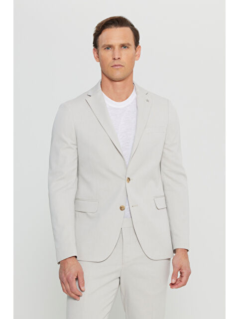 Altınyıldız Classics Erkek Bej Pamuklu Slim Fit Dar Kesim Mono Yaka Diagonal Desenli Kapak Cepli Takım Elbise