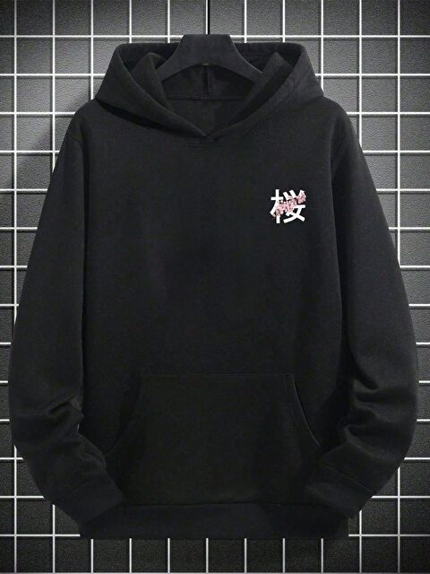 Trendseninle Unisex Erkek Cherry JAPAN Özel Baskı Pamuklu Oversize Kapüşonlu Sweatshirt Siyah - S000480948-19351