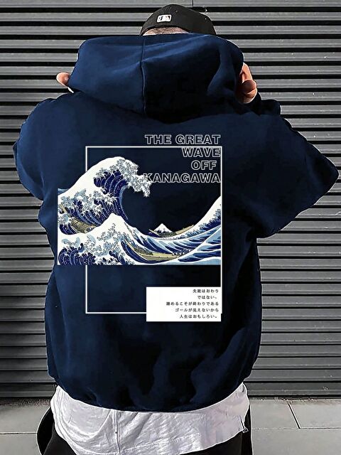 Trendseninle Unisex Erkek Kanagawa Özel Baskı Pamuklu Oversize Kapüşonlu Sweatshirt Lacivert - S000480953-21164