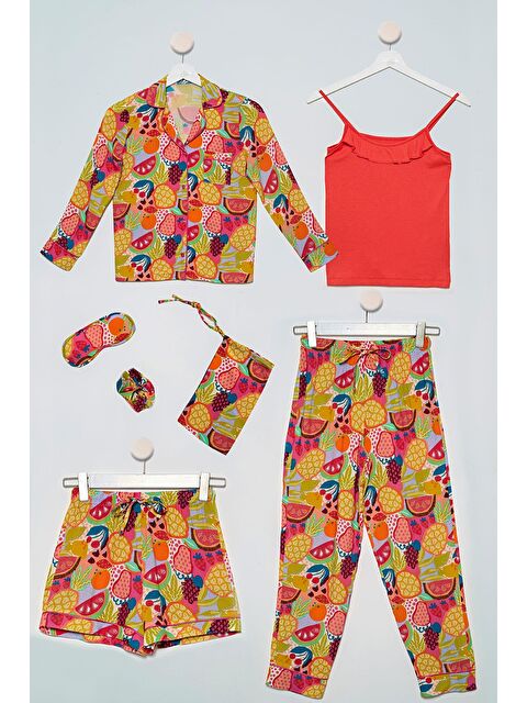 For You Kids 7'li  Biyeli Tropikal Desen Turuncu Pijama Takımı - S000027072-20013
