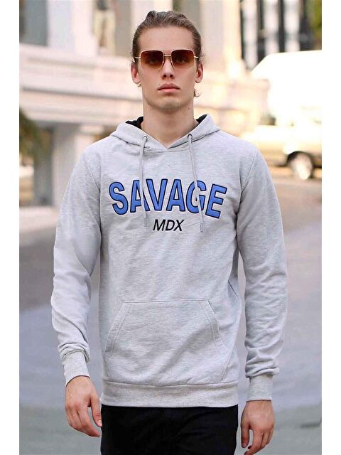 Madmext Basklı Gri Kapüşonlu Erkek Hoodie 4147 - S000051069-20600