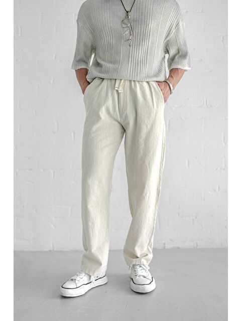Abluka Online Baggy Fit Keten Erkek %100 Pamuk Pantolon Ekru - S000036823-19965