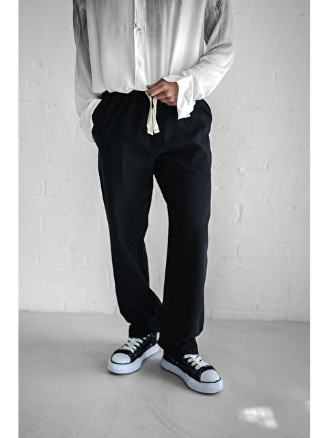 Abluka Online Baggy Fit Keten Erkek %100 Pamuk Pantolon Siyah - S000036823-19351