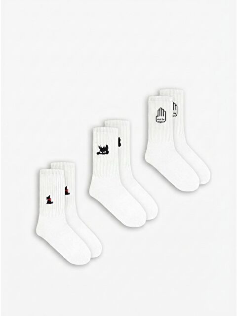 Abluka Online Erkek Desen Baskılı 3'Lü Uzun Kolej Tenis Çorap Beyaz - S000334016-20063