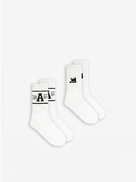 Abluka Online Erkek Slogan Baskılı 2'Li Uzun Kolej Tenis Çorap Beyaz - S000334012-20063