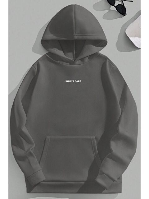 Trendseninle Kadın 3 İplik Füme Oversize I Dont Care Baskılı Kapüşonlu Sweatshirt Hoodie - S000316782-33408