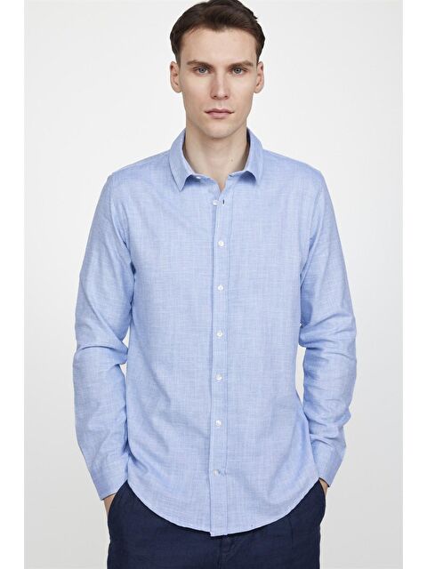 TUDORS Slim Fit Uzun Kol Keten Efekt Düz Biyeli Mavi Gömlek