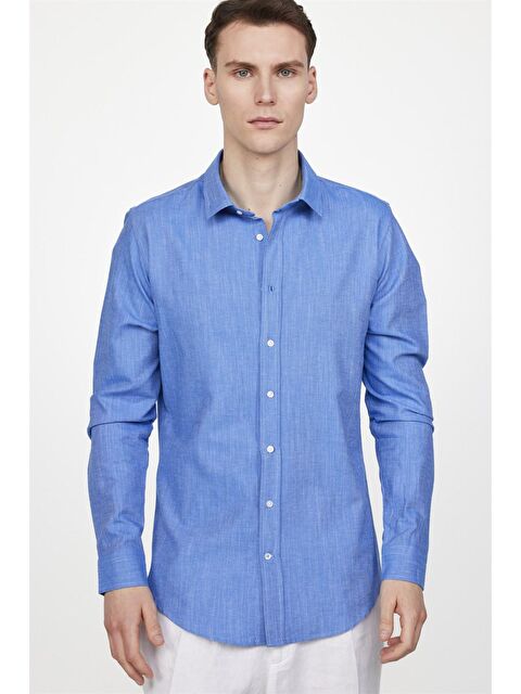 TUDORS Slim Fit Uzun Kol Keten Efekt Düz Biyeli Mavi Gömlek