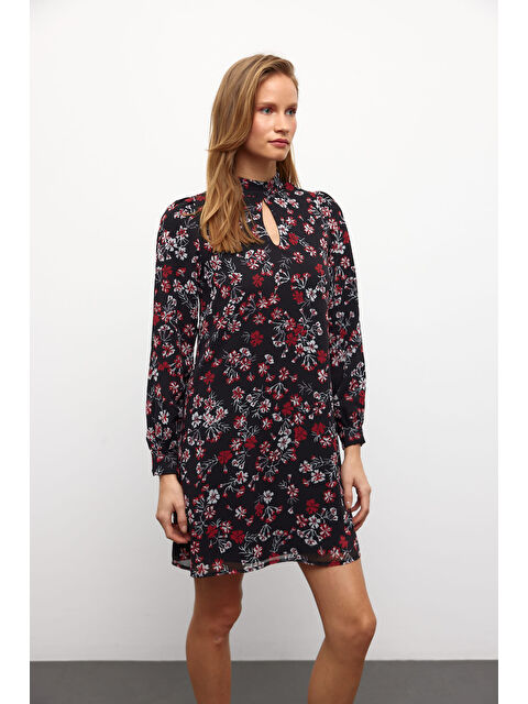 Muni Muni Uzun Kollu Desenli Astarlı Desenli Şifon Elbise