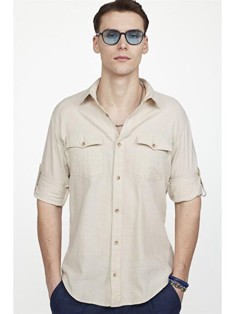TUDORS Slim Fit Uzun Kol Çift Cep Pamuk Keten Spor Yaka Erkek Gömlek
