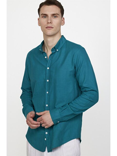 TUDORS Slim Fit Uzun Kol Biyeli Yaka Düğmeli Keten Erkek Gömlek
