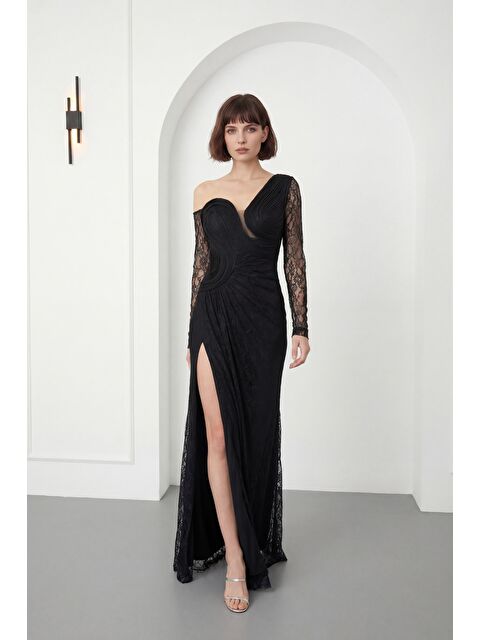 Lafaba Kadın Siyah Göğüs Detaylı Uzun Dantel Abiye Elbise