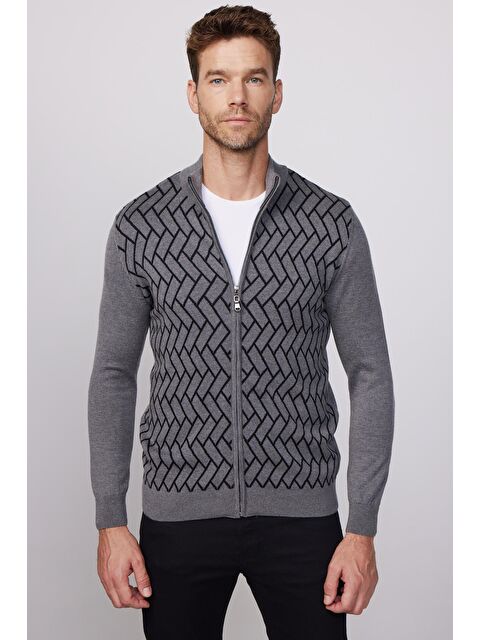 TUDORS Erkek Slim Fit Dar Kesim Yarım Balıkçı Yaka Fermuarlı Önü Desenli Gri-Siyah Hırka