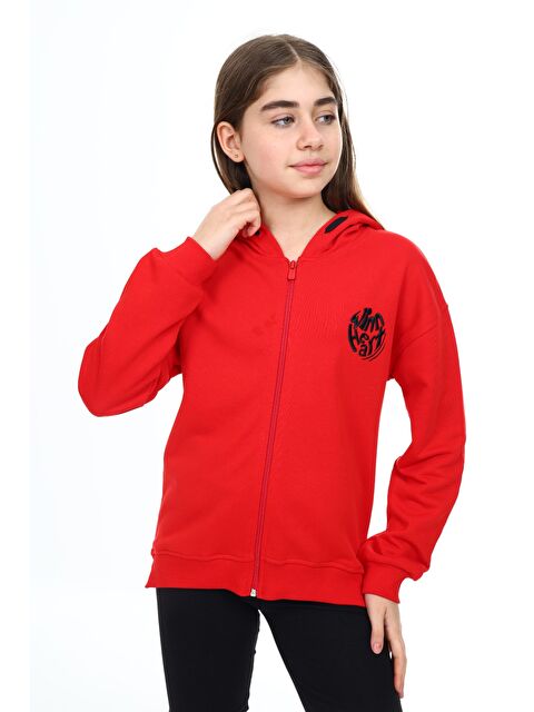 Toontoykids Kız Çocuk Kapüşonlu Fermuarlı Düşük Omuz Nakış Baskılı Yırtmaç Detaylı Örme Hırka - 3 İplik Şardonsu