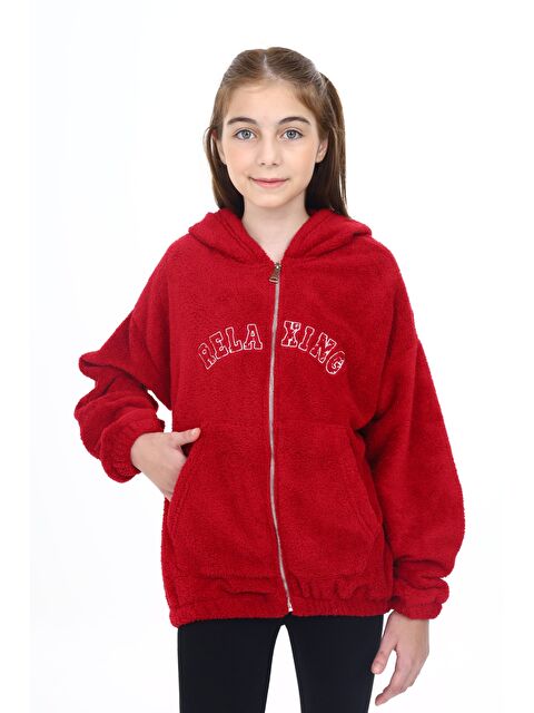 Toontoykids Kız Çocuk Kapüşonlu Fermuarlı Cepli Düşük Omuz Nakışlı Pelüş Hırka