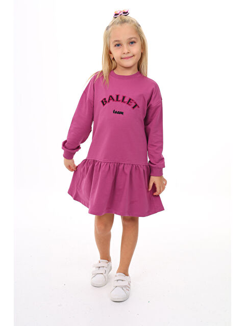 Toontoykids Kız Çocuk Baskılı Regular Fit Bisiklet Yaka Uzun Kollu Lastikli Elbise