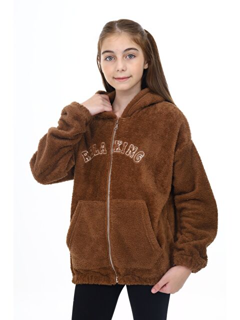 Toontoykids Kız Çocuk Kapüşonlu Fermuarlı Cepli Düşük Omuz Nakışlı Pelüş Hırka