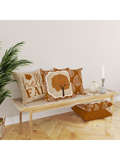 Evmila Çift Taraf Baskılı Kadife Doku Sonbahar Ve Kabak Desenli 4'lü Kırlent Seti - S000081483-23173