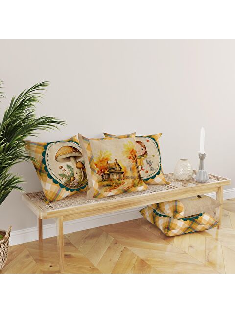 Evmila Çift Taraf Baskılı Kadife Doku Sonbahar Ve Kabak Desenli 4'lü Kırlent Seti - S000081484-23173