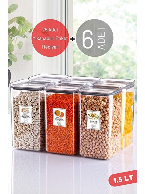 Nandy Home 6 Adet 1,5 Lt Suya Dayanıklı Etiketli, Kare Erzak Saklama Kabı Şeffaf - S000012697-23173