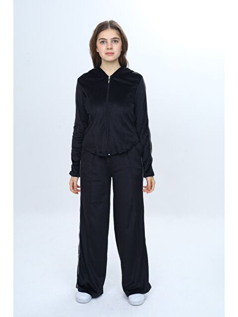 Toontoykids Kız Çocuk 2'li Takım Fermuarlı Kapüşonlu Cepli Sweatshirt & Beli Lastikli Bol Paça Cepli Eşofman Alt