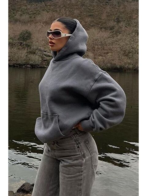 Madmext Füme Kapüşonlu Şardonlu Oversize Cepli Sweatshirt Mg2206 - S000276499-33408