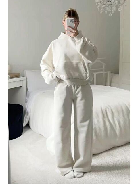 Madmext Ekru Kapüşonlu Şardonlu Oversize Cepli Sweatshirt Mg2206 - S000276499-19965