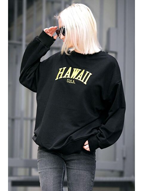 Madmext Siyah Bisiklet Yaka Baskılı Sweatshirt Mg1922 - S000056777-19351