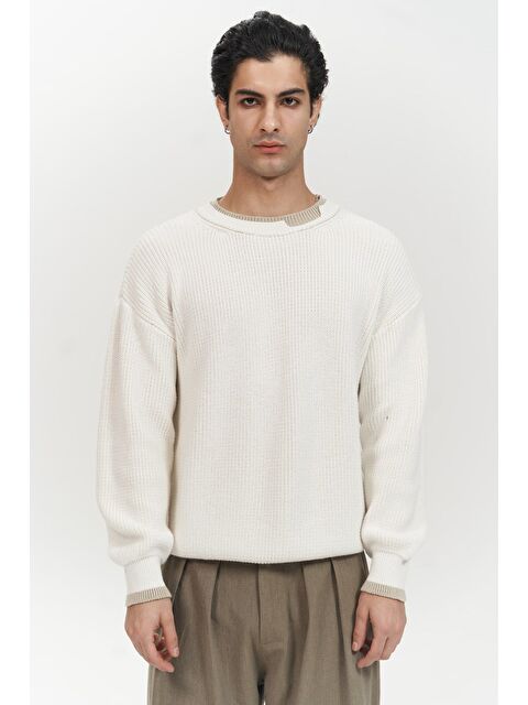 Mai Collection Carter Çift Yaka Detaylı Ekru Erkek Triko Kazak