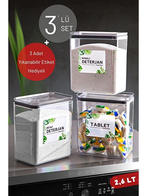 Nandy Home 3'Lü Set 2,6 Lt Etiketli Renkli Deterjan, Beyaz Deterjan & Tablet Saklama Kabı ŞEFFAF - S000012702-23173