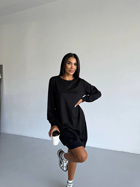 Hazelin Kadın Siyah Bisiklet Yaka 2 iplik Günlük Rahat Elbise HZL25W-FRY123451 - S000443026-19351