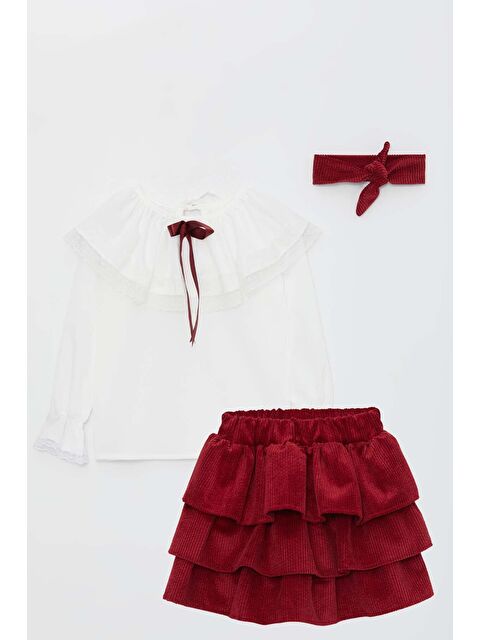 Riccotarz Kız Çocuk Üstü Volanlı Dantel İşlemeli Fırfırlı Bordo Etekli Takım - S000090793-19951