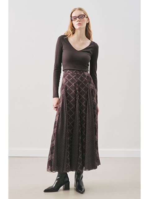 Manuka Ekose Desenli Şifon Etek Kahve - S000474581-29705