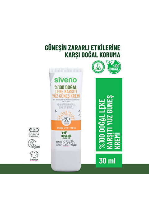 Siveno %100 Doğal Yüz Güneş Kremi Leke Karşıtı Aydınlatıcı Çinko Mineral Filtre UVA UVB SPF 50+ 30 ml - S000360717-23173