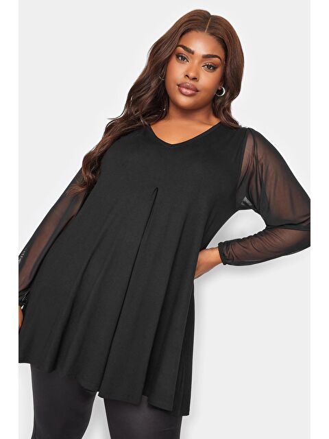 Stil Diva Büyük Beden Uzun Kolları Tül Detaylı Pileli V Yaka Bluz 321231 - S000086393-19351