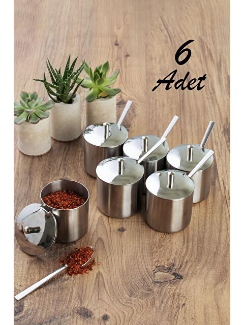 Porsima Elit 6 lı Paslanmaz Çelik Çay Kaşıklı Kapaklı Metal Şekerlik Masaüstü Baharatlık Takımı - S000087871-18105