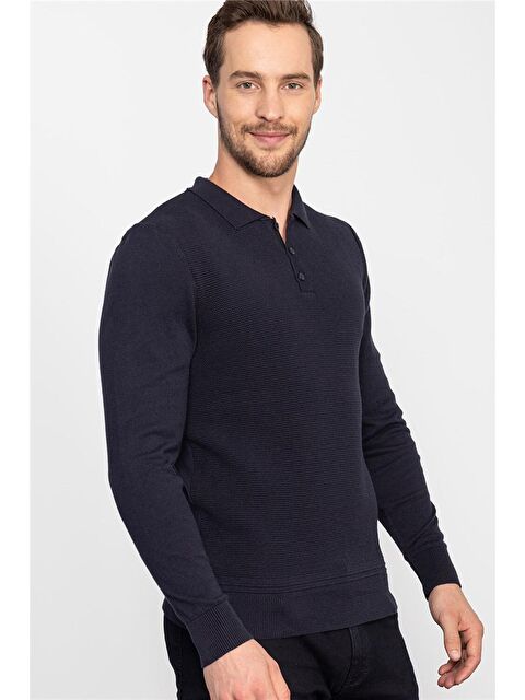 TUDORS Slim Fit Dar Kesim Polo Yaka Armürlü Erkek Lacivert Kazak
