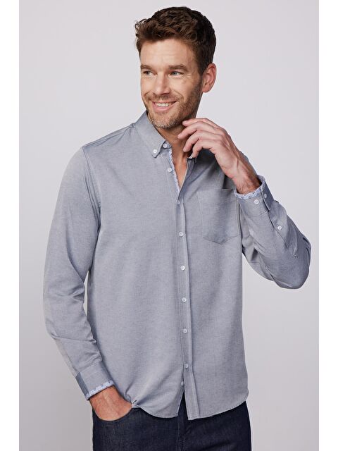 TUDORS Erkek Regular Fit Klasik Kesim Pamuklu Oxford Doku Tek Cepli Gri Düğmeli Yaka Gömlek - S000067570-20600