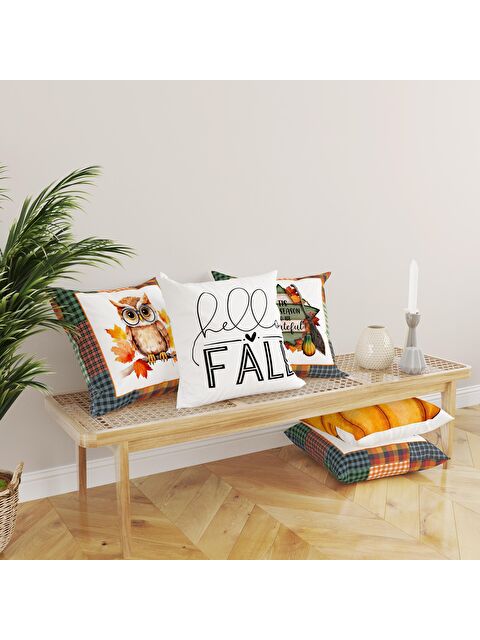 Evmila Çift Taraf Baskılı Kadife Doku Sonbahar Ve Kabak Desenli 4'lü Kırlent Seti - S000081491-23173