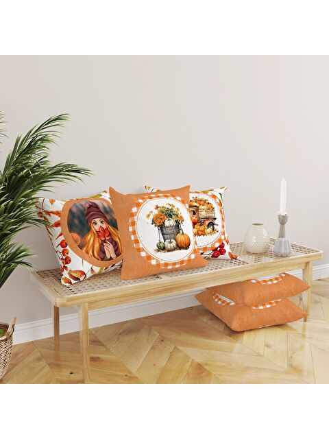 Evmila Çift Taraf Baskılı Kadife Doku Sonbahar Ve Kabak Desenli 4'lü Kırlent Seti - S000081492-23173