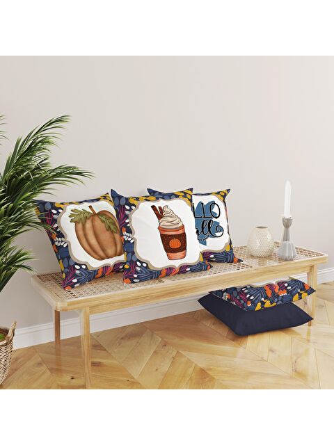 Evmila Çift Taraf Baskılı Kadife Doku Sonbahar Ve Kabak Desenli 4'lü Kırlent Seti - S000081494-23173