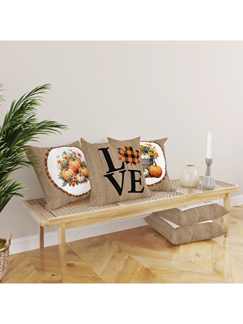 Evmila Çift Taraf Baskılı Kadife Doku Sonbahar Ve Kabak Desenli 4'lü Kırlent Seti - S000081497-23173