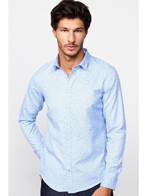 TUDORS Slim Fit Dar Kesim Desenli Pamuklu Kolay Ütülenebilir Mavi Erkek Gömlek