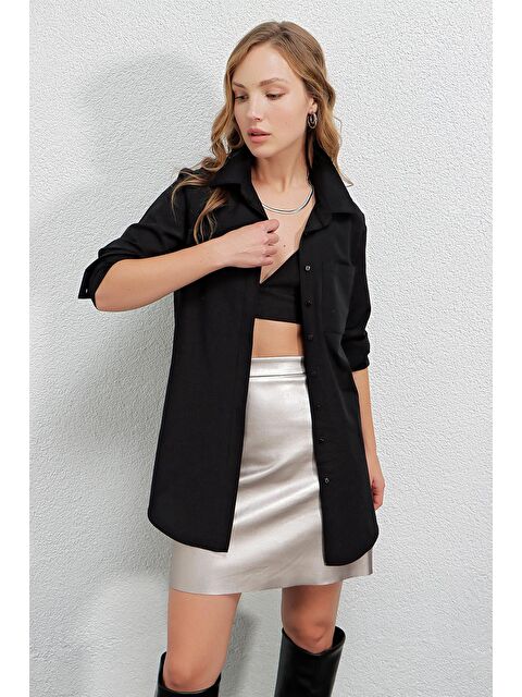 Hazelin Kadın Siyah Yırtmaçlı Basic Uzun Kollu Boyfriend Poplin Uzun Gömlek HZL22W-BD138791 - S000040794-19351