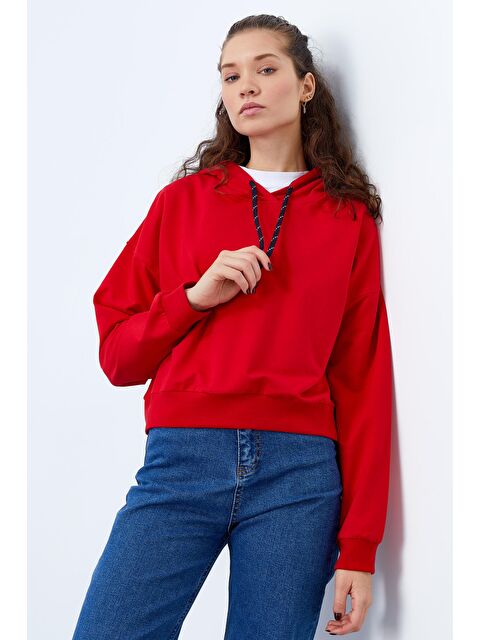 Tommylife Kırmızı Uzun Kol Rahat Form Kapüşonlu Kadın Sweatshirt - 97115