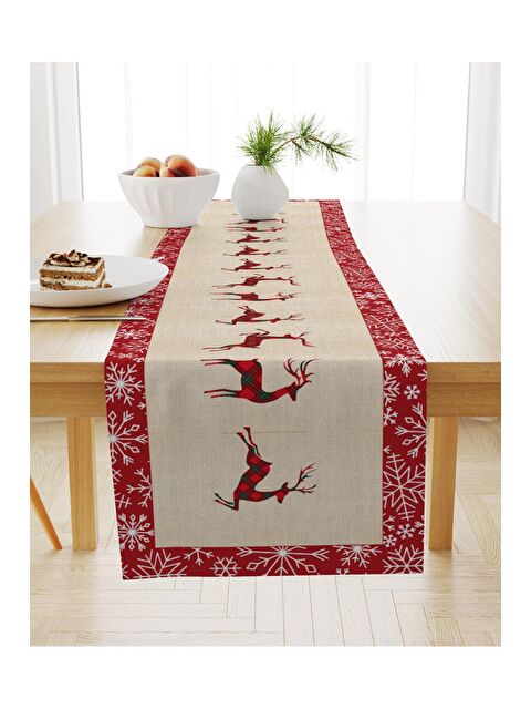 Evmila Yılbaşı Temalı Geyik Desenli Kadife Runner 40x140 cm - S000085133-23173