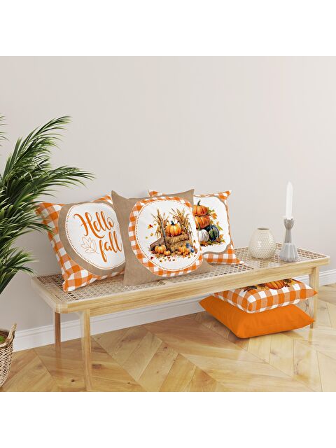 Evmila Çift Taraf Baskılı Kadife Doku Sonbahar Ve Kabak Desenli 4'lü Kırlent Seti - S000081504-23173