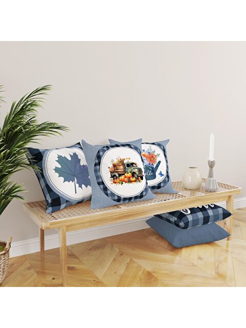 Evmila Çift Taraf Baskılı Kadife Doku Sonbahar Ve Kabak Desenli 4'lü Kırlent Seti - S000081505-23173